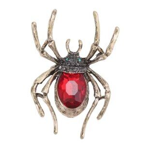 Red Glass Spider Brooch Gold Tone with Crystals
